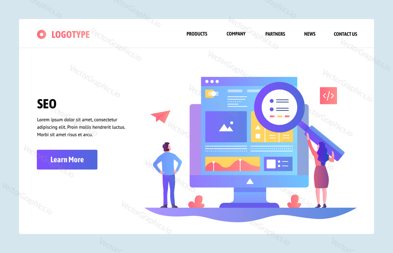 Vector web site linear art design template. SEO search engines optimization and content marketing. Landing page concepts for website and mobile development. Modern flat illustration