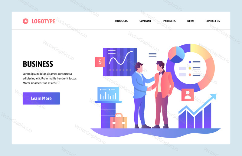 Vector web site linear art design template. Business partnership concept. Businessmen cut a deal with finance charts on background. Landing page for website and mobile development.