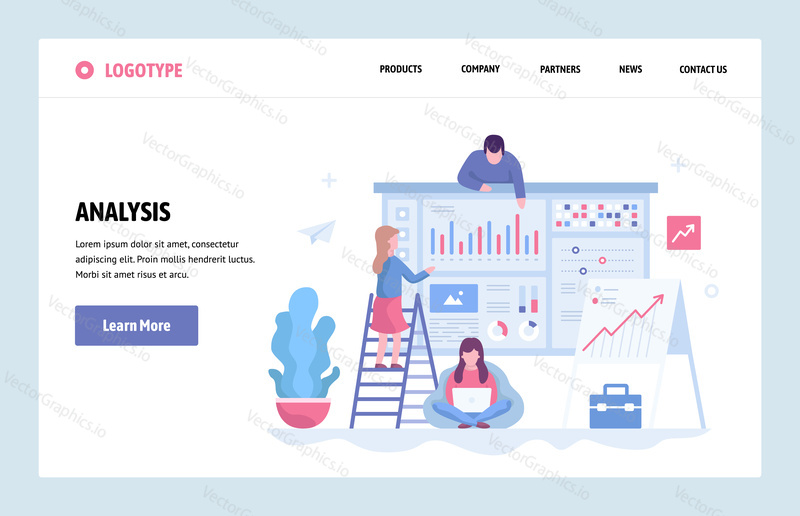 Vector web site linear art design template. Business team do data analysis using finance chart and dashboard. Landing page concepts for website and mobile development. Modern flat illustration