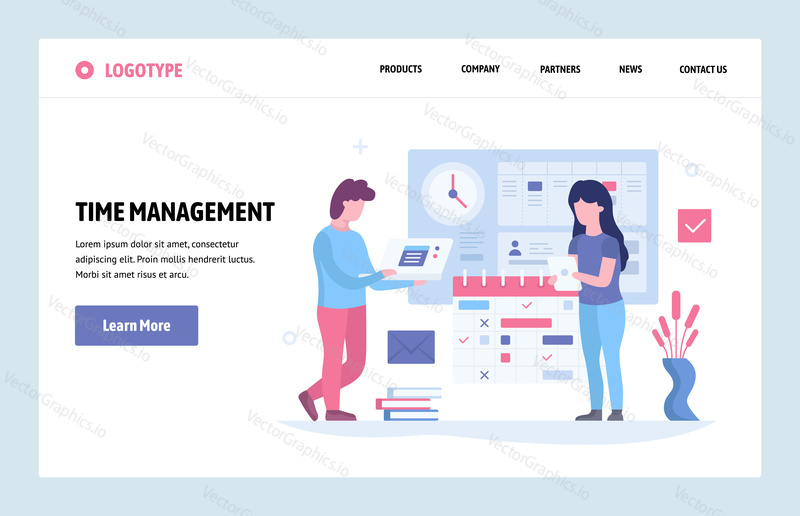 Vector web site linear art design template. Time management concept. Business project deadline and schedule. Landing page concepts for website and mobile development. Modern flat illustration