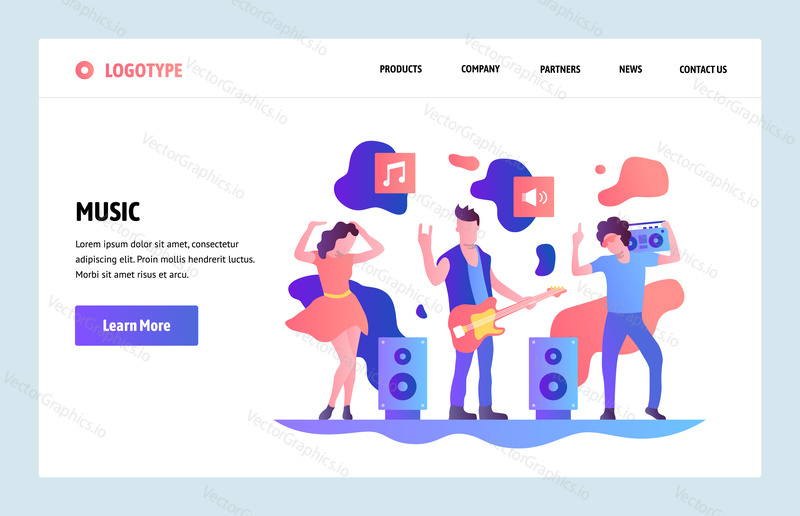 Vector web site linear art design template. Music band playing rock and dancing. Landing page concepts for website and mobile development. Modern flat illustration