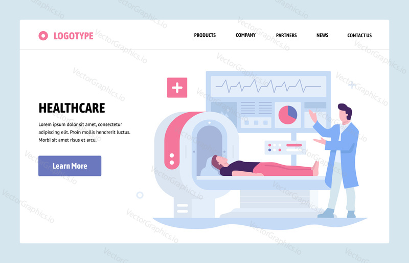 Vector web site linear art design template. Healthcare and medical research. Doctor makes medical check up with MRI tomography. Landing page for website and mobile development