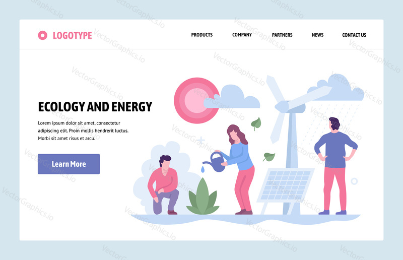 Vector web site linear art design template. Alternative source of energy. Landing page ecology and energy savings concepts for website and mobile development. Modern flat illustration