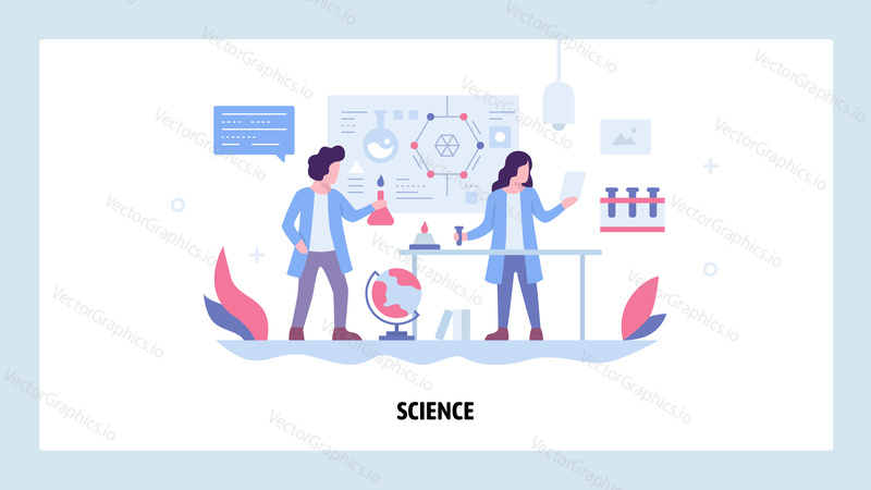 Scientists man and woman doing research in lab. Chemical laboratory interior, equpment, flask. Vector web site design template. Landing page website concept illustration.