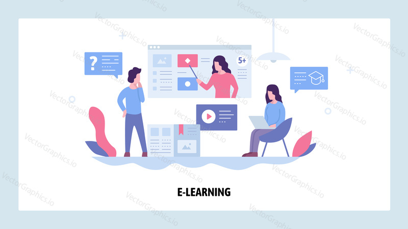 Online education concept. Two students are studying online course video tutorial. Vector web site design template. Landing page website concept illustration.