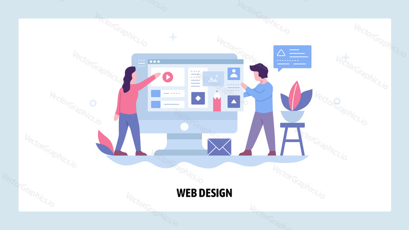 Development team build website responsive design. User interface template Vector web site design. Landing pageconcept illustration.