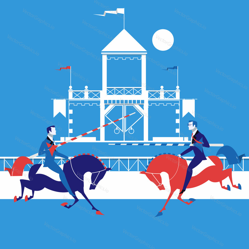 Vector illustration of two businesmen looking like fighting knights with spears riding horses. The jungle of business concept design element in flat style.