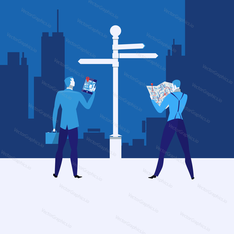 Vector illustration of two businessmen choosing the right path at guide post using map and gps. Business strategy concept flat style design.