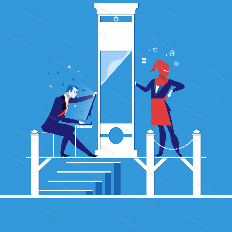 Vector illustration of businessman running out of time to do his work. Time is up. Deadline concept design element.