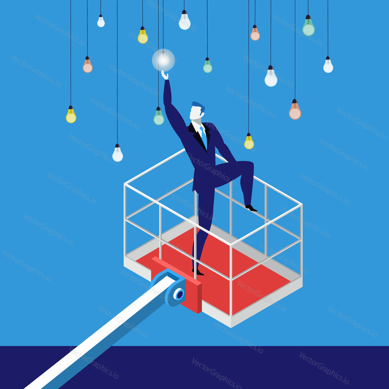 Vector illustration of businessman lifting by crane to reach electric light bulbs. Reaching a goal in business, success, new ideas concept flat style design.