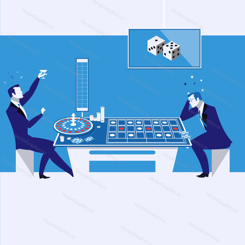 Vector illustration of two men, businessmen gambling on cards in casino. Winner and loser players.