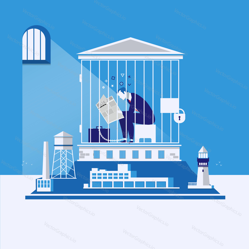 Векторная иллюстрация бизнесмена, прикованного цепью к своему портфелю в тюрьме должников. Банкротство бизнеса, элемент дизайна концепции долгов.