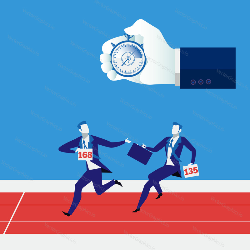 Vector illustration of businessmen relay race and human hand with stopwatch. Teamwork, partnership concept design element.