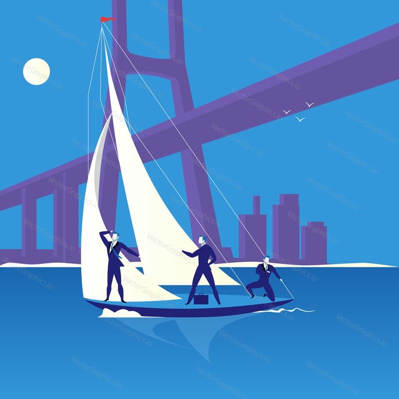 Vector illustration of three businessmen sailing on a boat. One man looking ahead. Sailing regatta. Business competition, vision, teamwork concept flat style design.