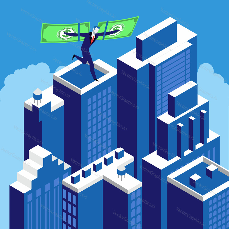Businessman flying on the wings of financial success above skyscrapers. Financial independence, business success concept design element.