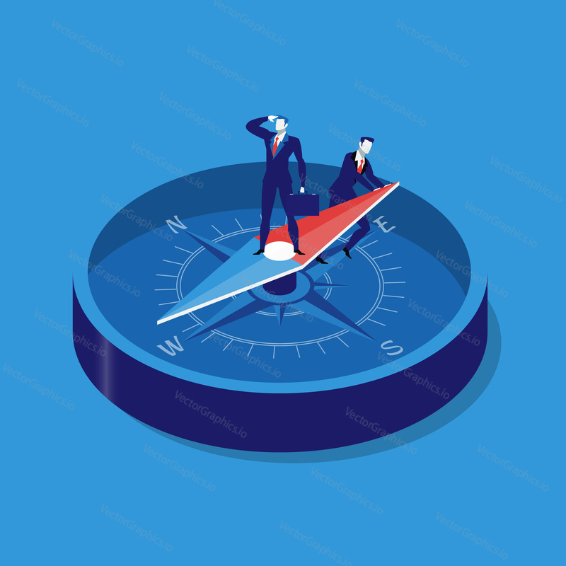 Vector illustration of two businessmen using compass for navigation and orientation in business. Strategy concept flat style design.