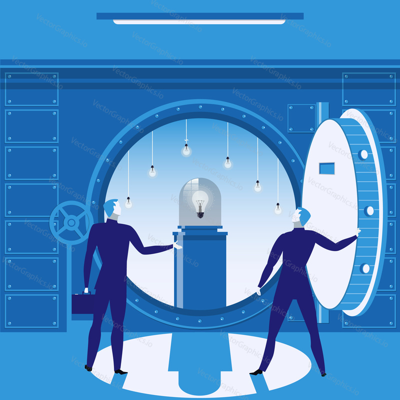 Vector illustration of two businessmen opening bank vault door. Electric light bulbs in safe.