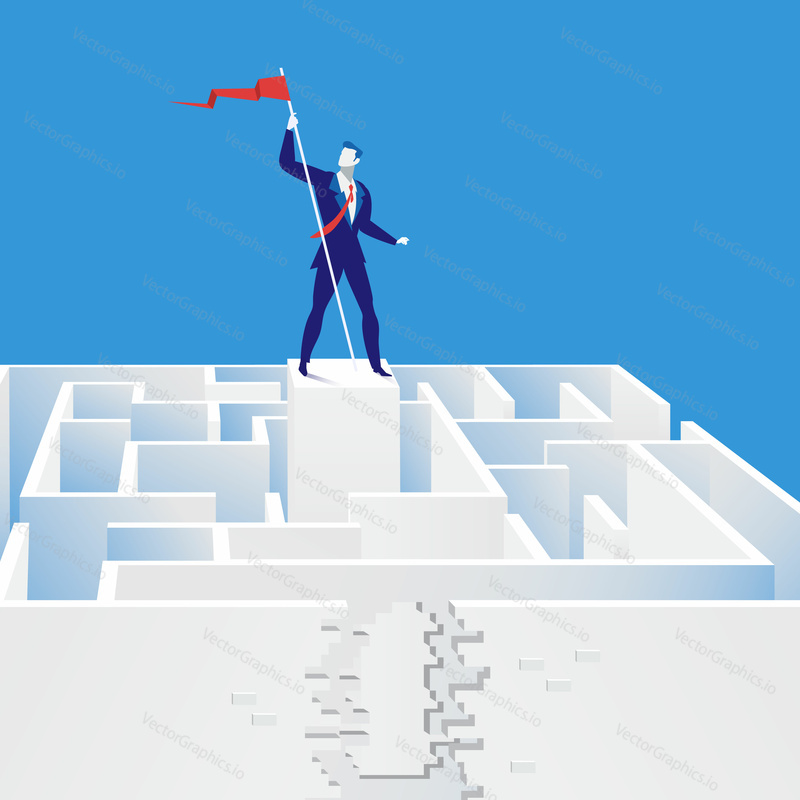 Vector illustration of businessman overcoming challenges and finding exit from labyrinth. Man keeping the flag flying high. Business strategy, success concept flat style design.
