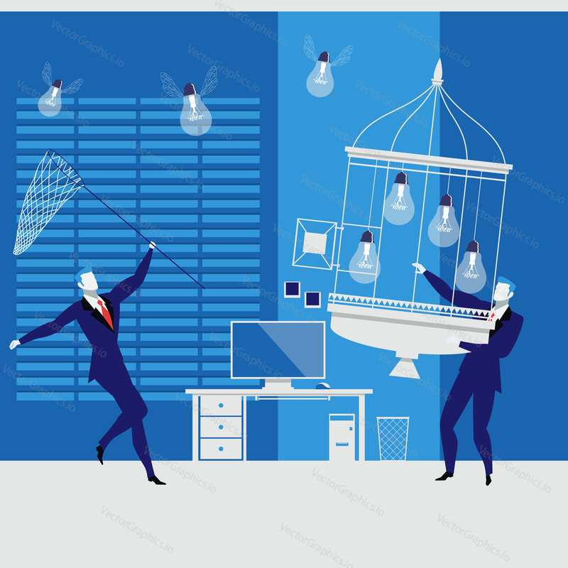 Vector illustration of two businessmen trying to catch light bulbs with wings and to put them in a cage like birds.