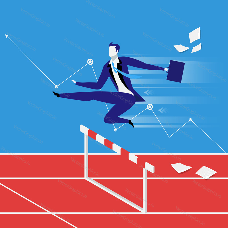 Vector illustration of businessman overcoming challenges like steeplechaser. Graph presenting business growth.