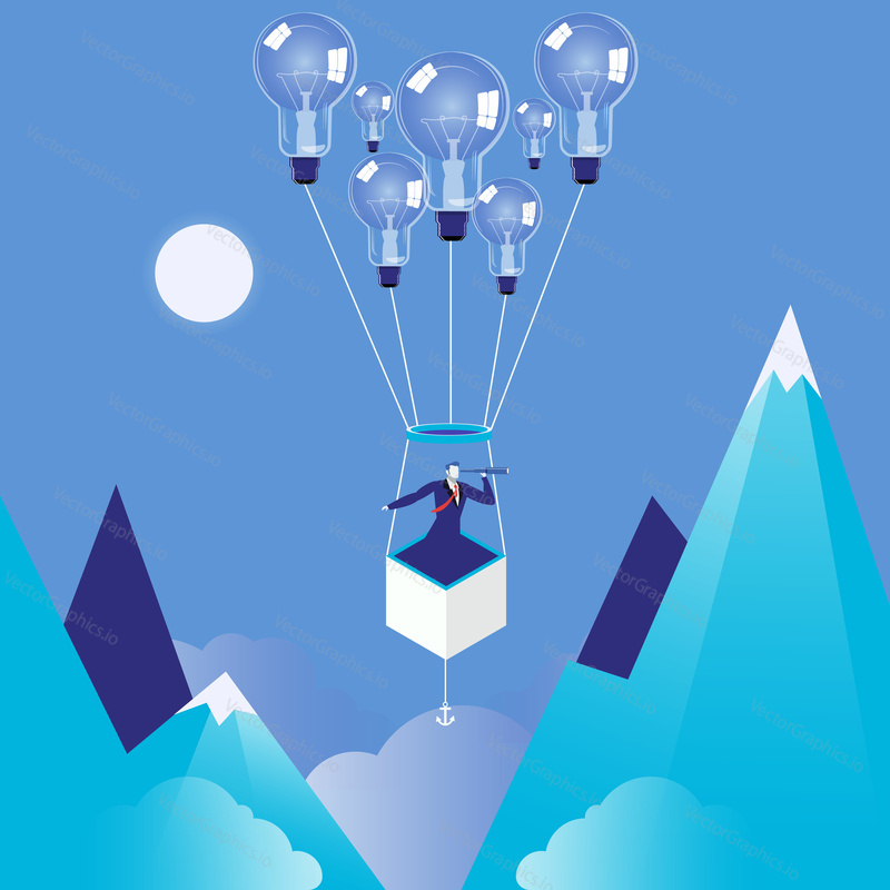 Vector illustration of businesman flying on idea bulb balloon and watching in spyglass. Business vision, new ideas concept design element.