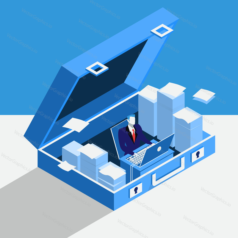Vector illustration of businessman working at computer in private office situated in briefcase. Flat style design.
