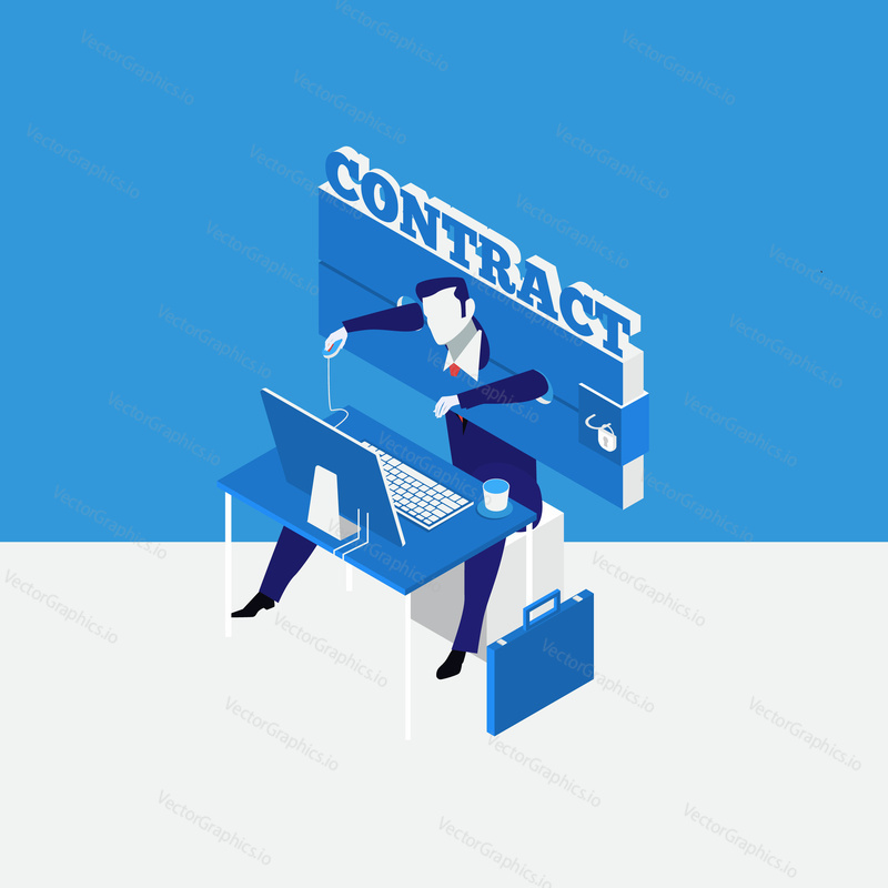 Vector illustration of businessman who is bound hand and foot by contract. Business agreement concept design element.