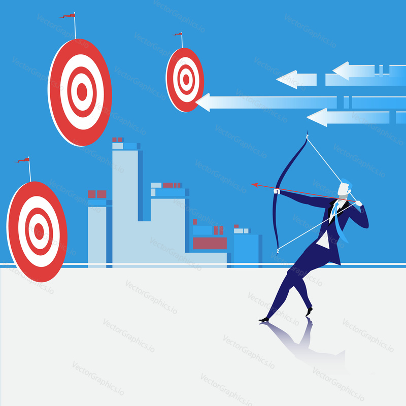 Vector illustration of bowman shooting an arrow. Businessman sighting the bow at center of target. Business goal concept design element.