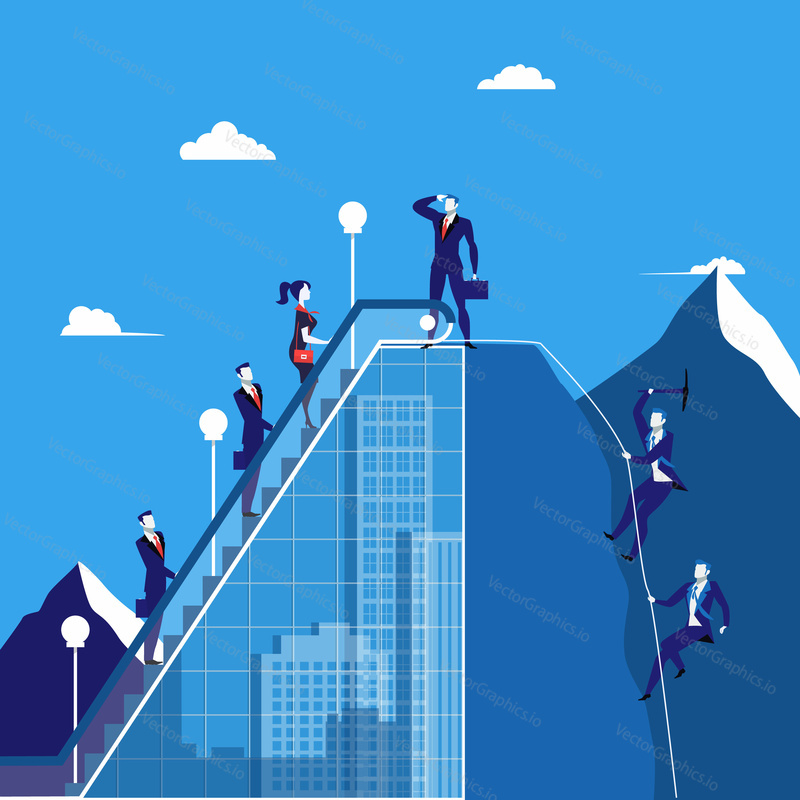 Vector illustration of groups of business people climbing up the mountain from both sides of it. Leader looking for future success on the top of rock. Teamwork, competition, leadership concept design.