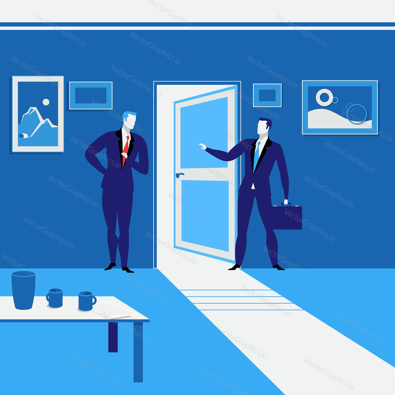 Vector illustration of two businessmen standing at open door. One man is going away. Business meeting concept design element.