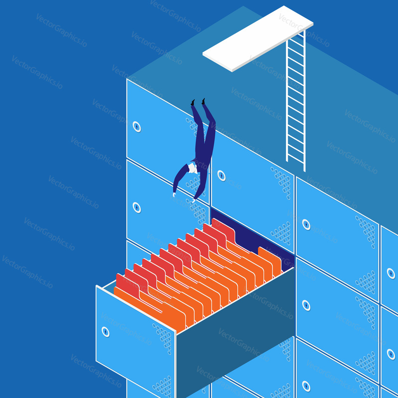 Vector illustration of businessman diving into the work. Busy and overworked man concept design element.