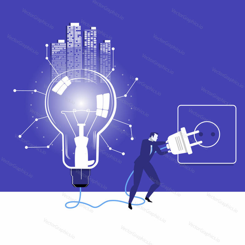 Vector illustration of businessman trying to switch on idea bulb. Business vision, new ideas concept design element.