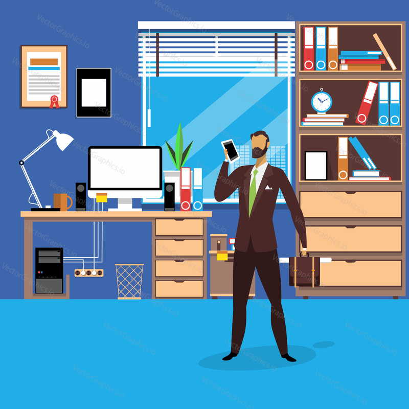 Vector illustration of businessman with briefcase using smartphone. Modern office workspace interior. Flat style design.