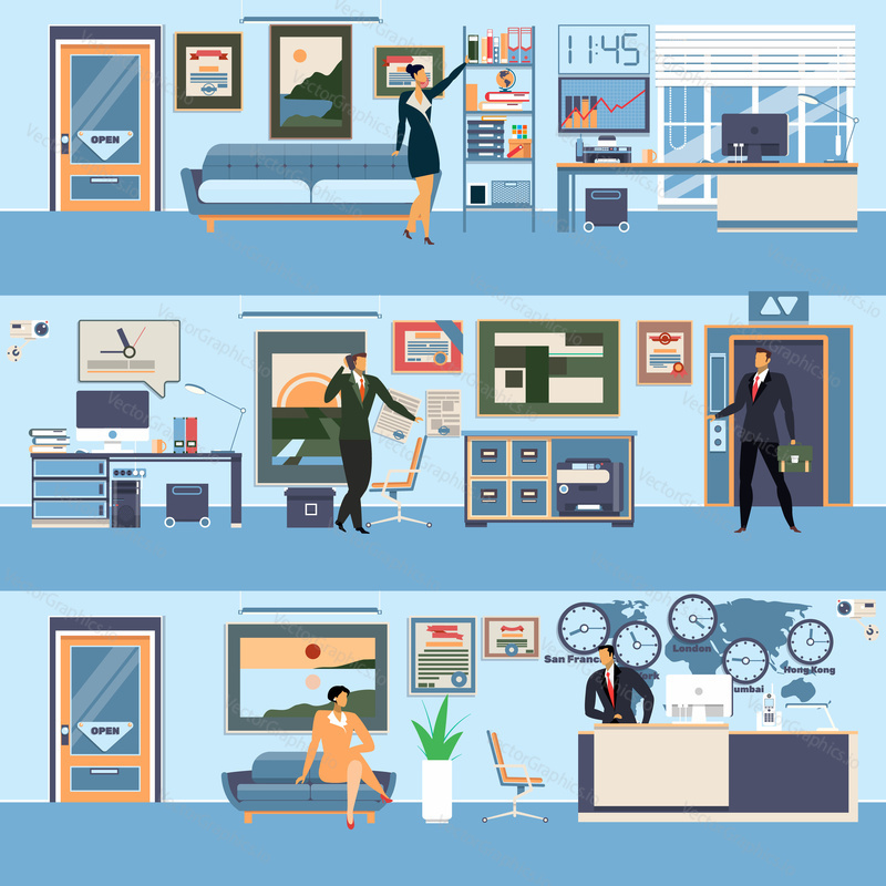 Vector set of modern workspace interiors with office furniture and equipment. Office life of business people, flat style illustration.