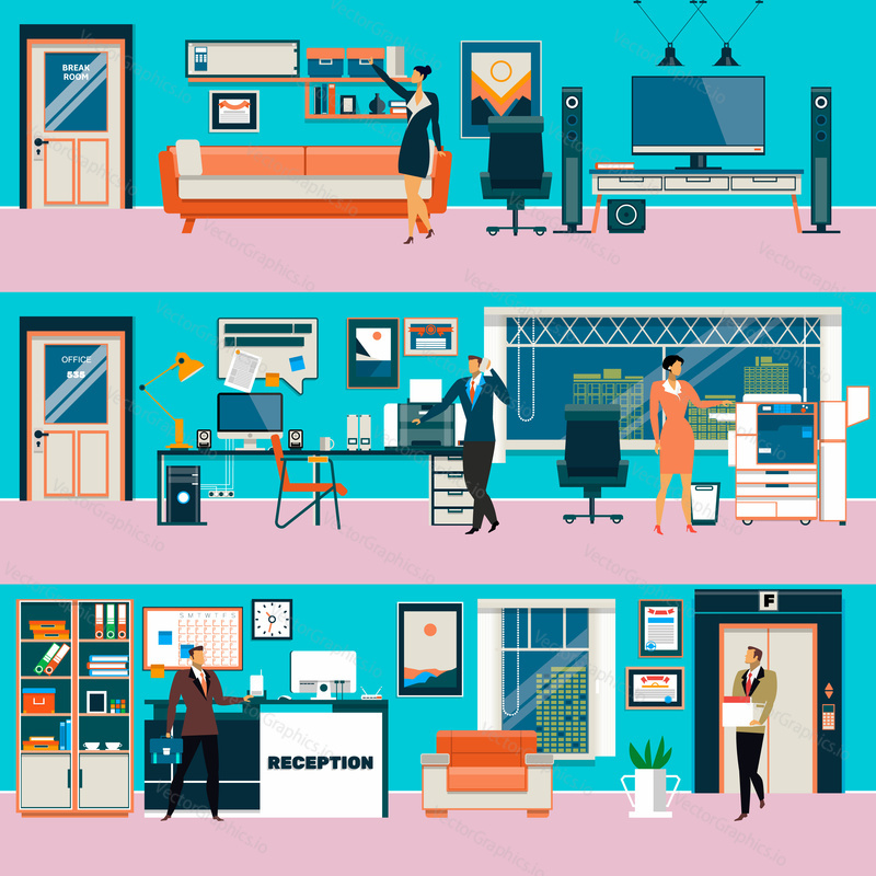 Vector set of modern workspace interiors with office furniture and equipment. Office workers in break room, office cabinet, reception hall, flat style illustration.