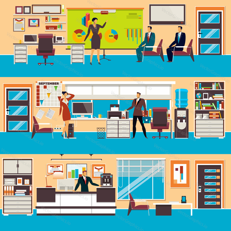 Vector set of modern workspace interiors with office furniture and equipment. People in office and in waiting hall, flat style illustration.