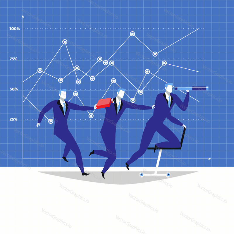 Vector illustration of businessman and his team. Leader looking through spyglass. Business vision, leadership, teamwork concept flat style design.