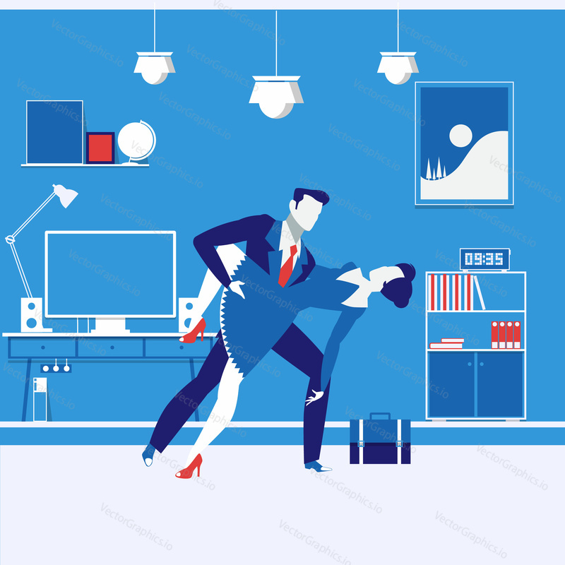 Vector illustration of business partners man and woman. Couple dancing passionate tango. Office interior. Business relationships concept design element in flat style.
