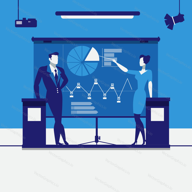 Vector illustration of business people making presentation. Woman pointing at chart, diagram on projection screen. Business presentation concept design element in flat style.
