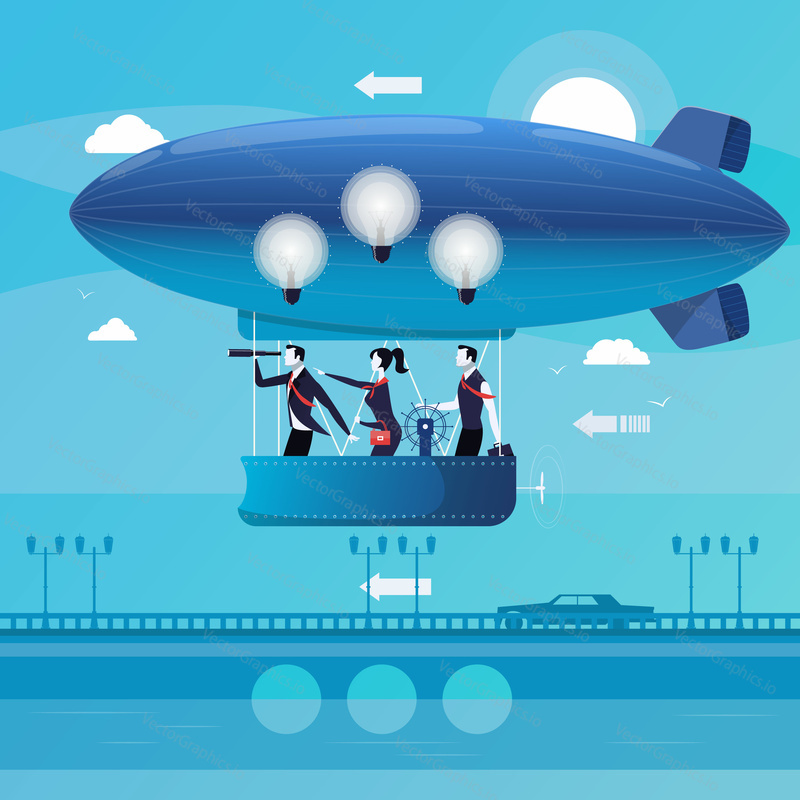 Vector illustration of business people flying on aerostat. Electric light bulbs over their heads. Businessman watching in spyglass. Business vision , new ideas concept design element in flat style.