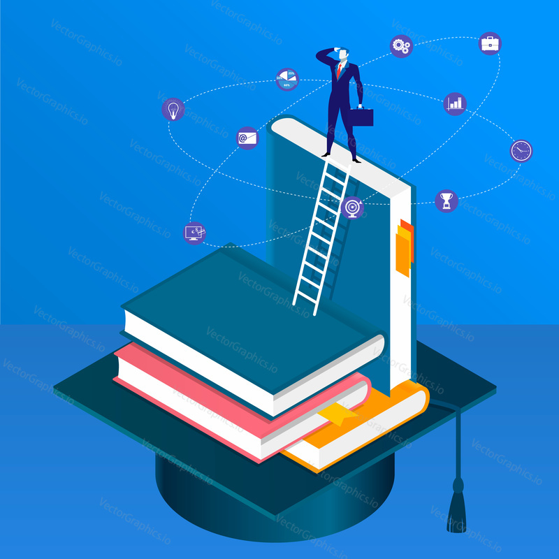 Vector illustration of businessman standing on pile of books and graduation hat. Knowledge concept flat style design.