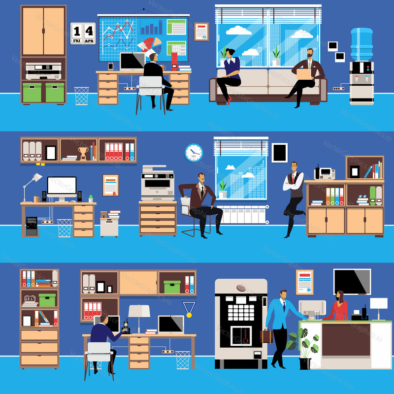 Vector set of modern workspace interiors with office furniture and equipment. Office workers in various situations, flat style illustration.