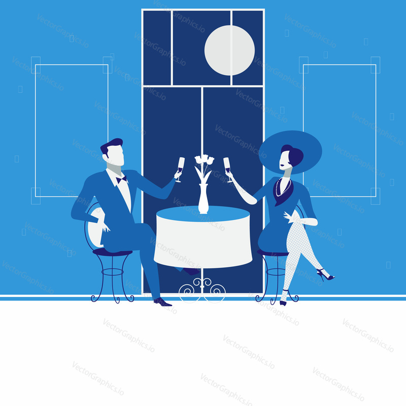 Vector illustration of business people having date at restaurant. Romantic couple having a drink. Man and woman with glasses of champagne. Romantic date concept design element in flat style.