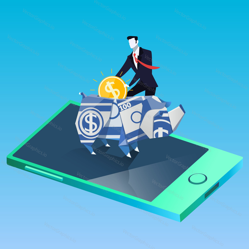 Vector illustration of businessman putting coin into rhino money box, standing on mobile. Rhinoceros symbol of direct sales. Finance, business success, savings concept design element in flat style