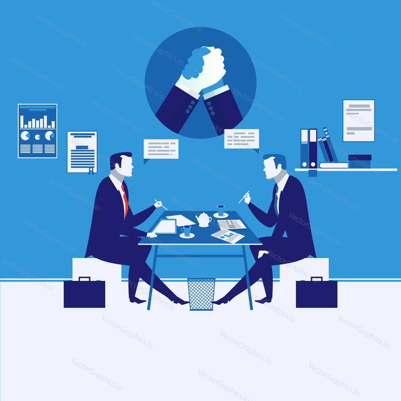 Vector illustration of two businessmen having meeting. Arm wrestling symbol, icon. Business meeting and competition concept design element in flat style.