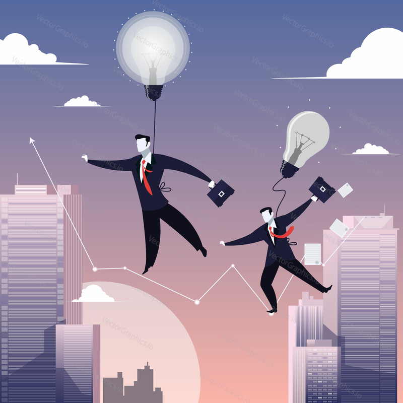 Vector illustration of businessmen with briefcases walking on tightrope like funambulist. Electric light bulbs symbol of new ideas. Business risk, success, failure concept design element in flat style