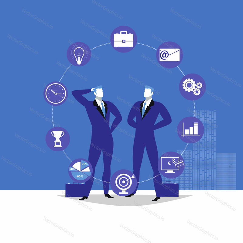 Vector illustration of two businessmen talking to each other and business flat icons, infographic items around them.