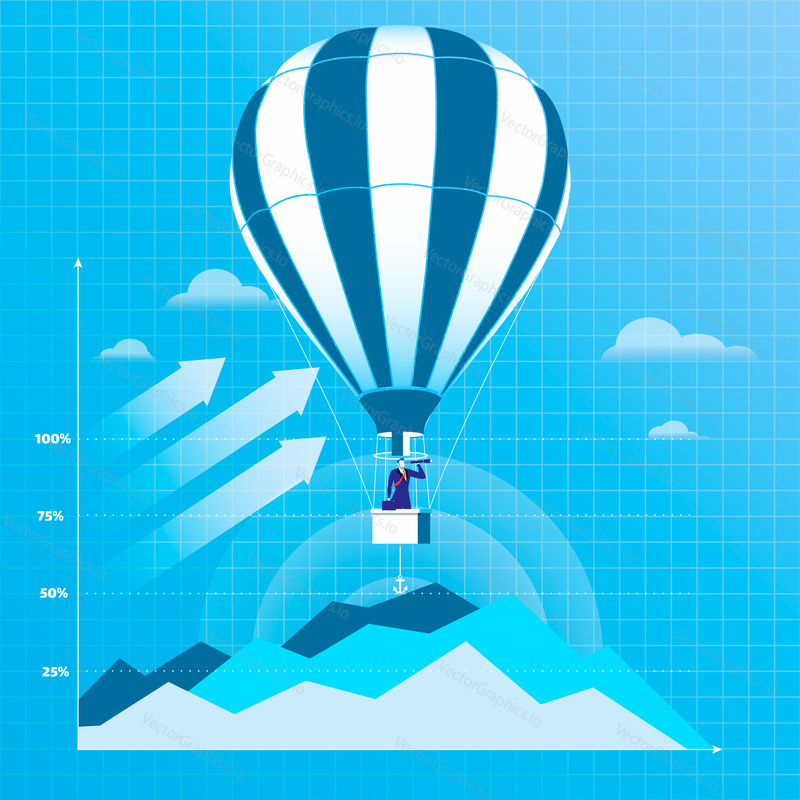 Vector illustration of businessman flying on hot air balloon and looking through spyglass or hand-held telescope. Business vision concept flat style design.