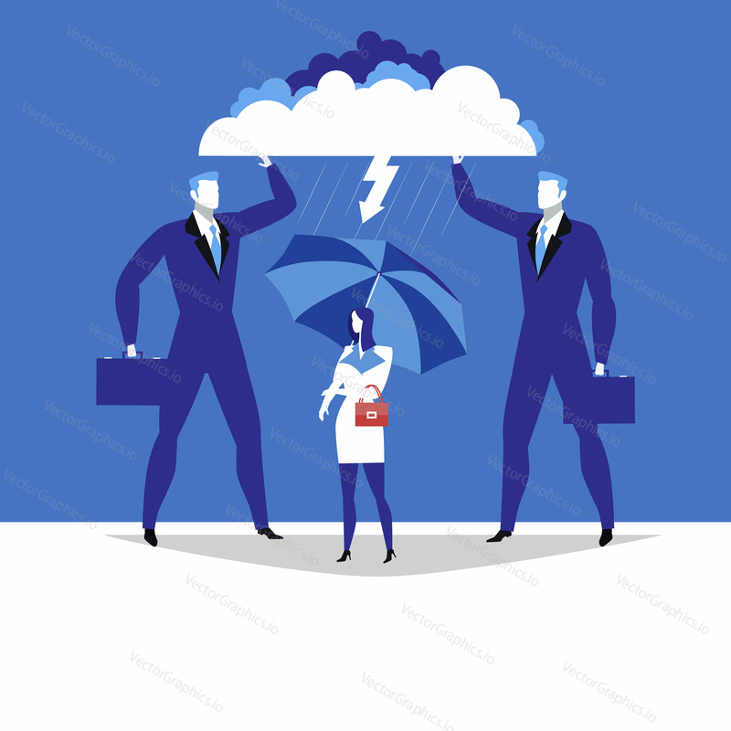 Vector illustration of two businessmen protecting their supervisor female from thunder and lightning. My supervisor concept flat style design.