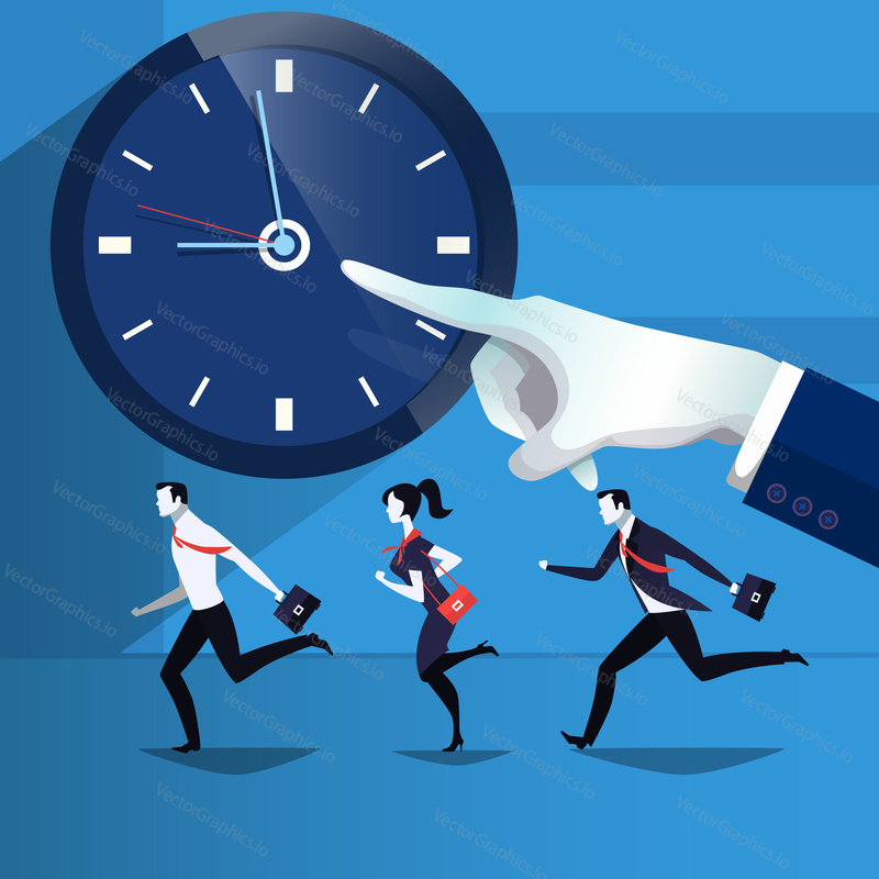 Vector illustration of business people running, catching up the time. They are in a hurry for work. Forefinger pointing at time on the clock. Flat style design element.